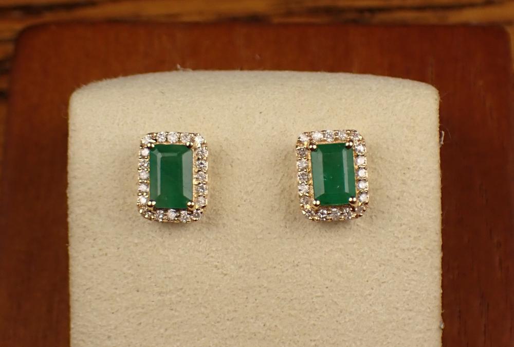 Appraisal: PAIR OF EMERALD AND DIAMOND STUD EARRINGS each k yellow