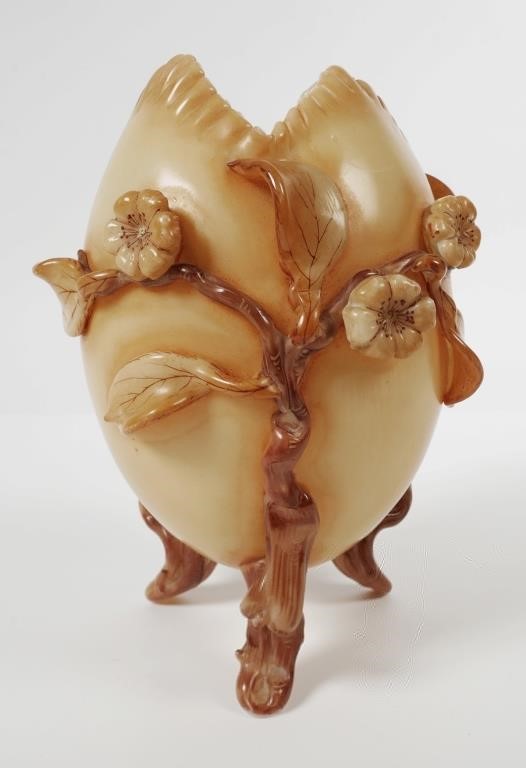 Appraisal: Victorian footed ivory glass vase with brown high relief affixed