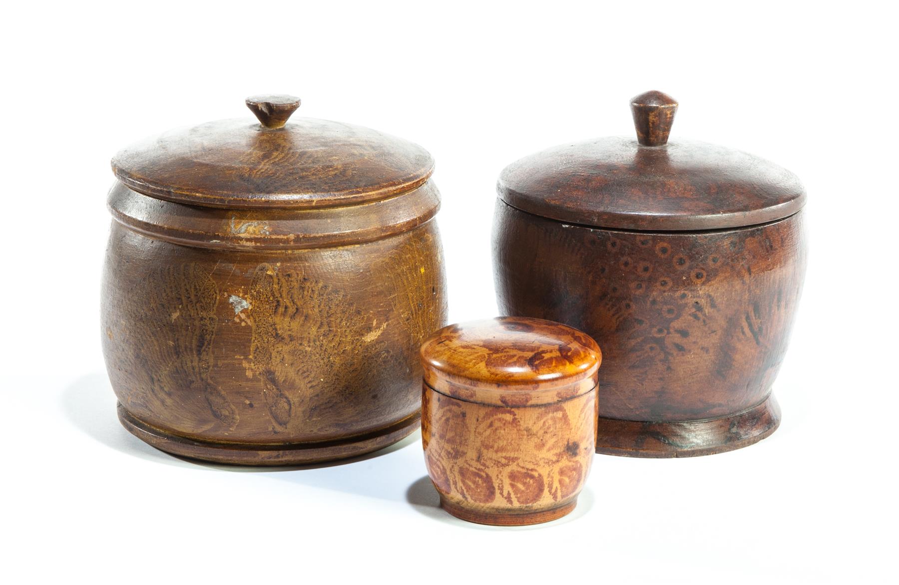 Appraisal: THREE AMERICAN DECORATED TREENWARE CONTAINERS Nineteenth century Two similar with