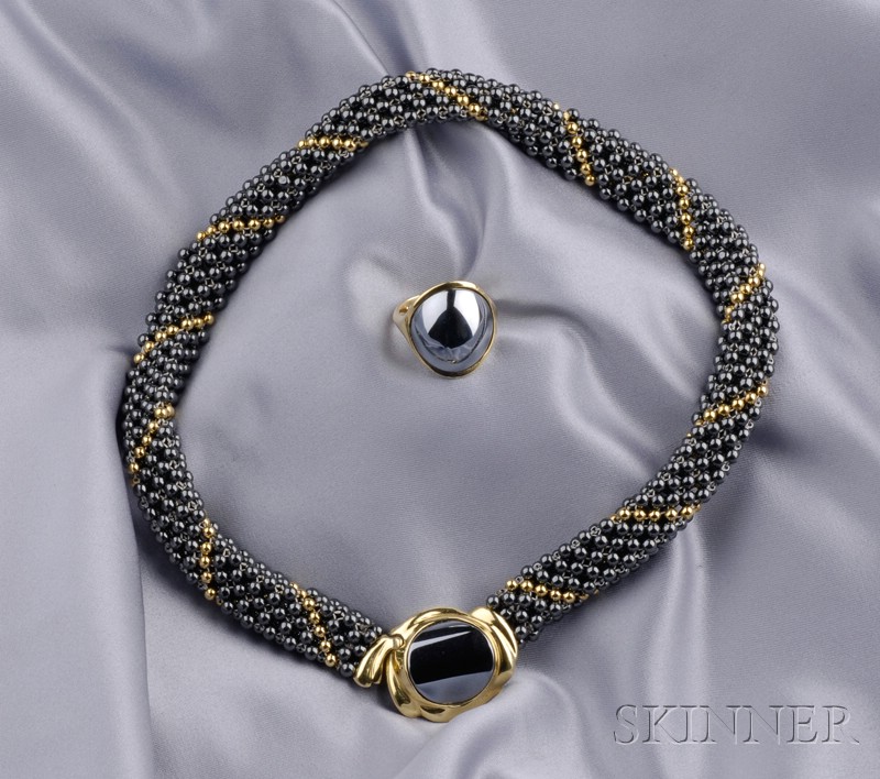 Appraisal: kt Gold and Hematite Necklace and Ring the necklace designed