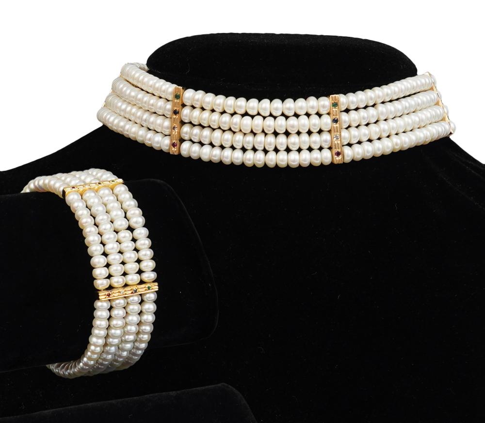 Appraisal: CULTURED PEARL GEMSTONE GOLD CHOKER BRACELETFlexible choker and bracelet each