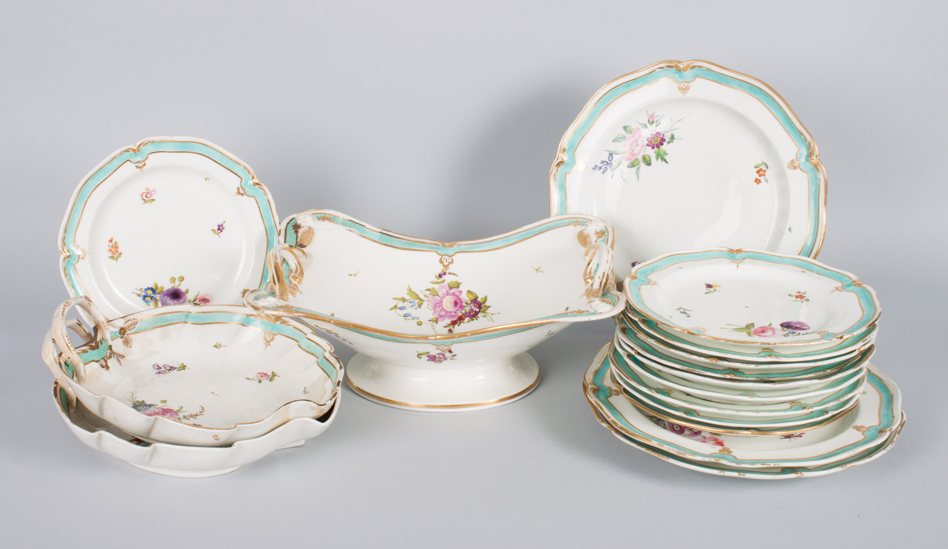 Appraisal: Derby china tableware articles circa with floral and aqua band