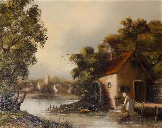 Appraisal: Three Decorative Paintings each depicting Dutch landscapes Height x width