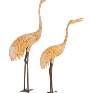 Appraisal: A Pair of Asian Carved Wood Cranes TH CENTURY Height