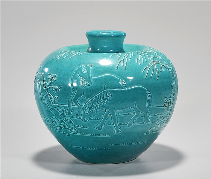 Appraisal: Chinese turquoise glazed porcelain vessel landscape design with horses and