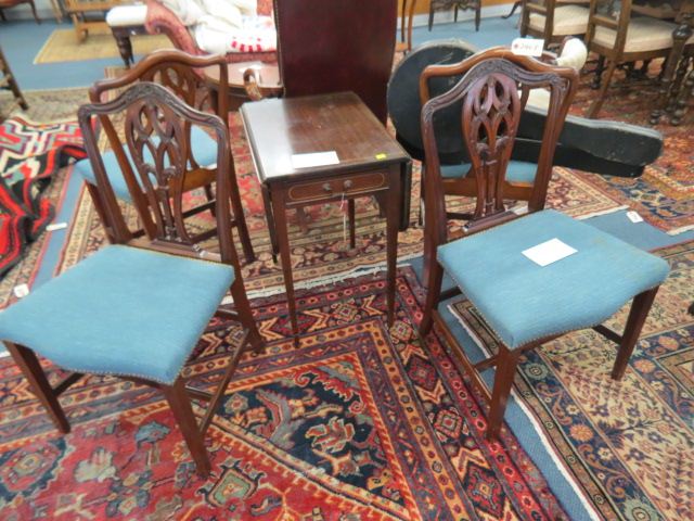 Appraisal: Carved Mahogany Chairs blue fabric would make a nice breakfast