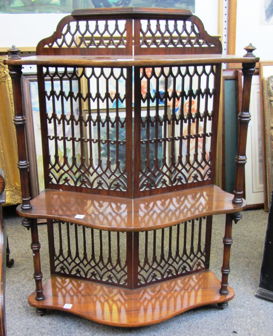 Appraisal: A th century fret cut walnut angular hanging three tier