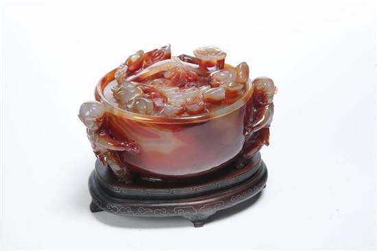 Appraisal: COVERED BOWL Chinese th century agate Carved red and white