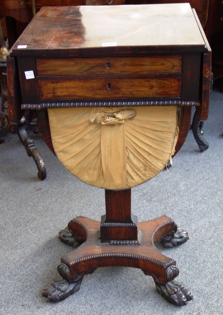 Appraisal: A William IV rosewood drop flap work table with pair