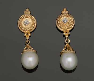 Appraisal: A Pair of Pearl and Diamond Earrings k yellow gold