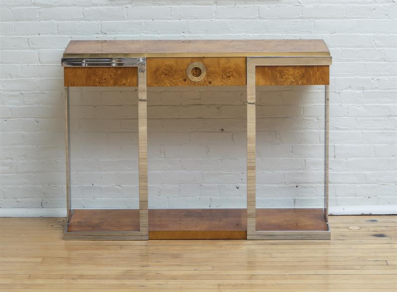 Appraisal: BURLWOOD CHROME AND BRASS CONSOLE x x in Condition In