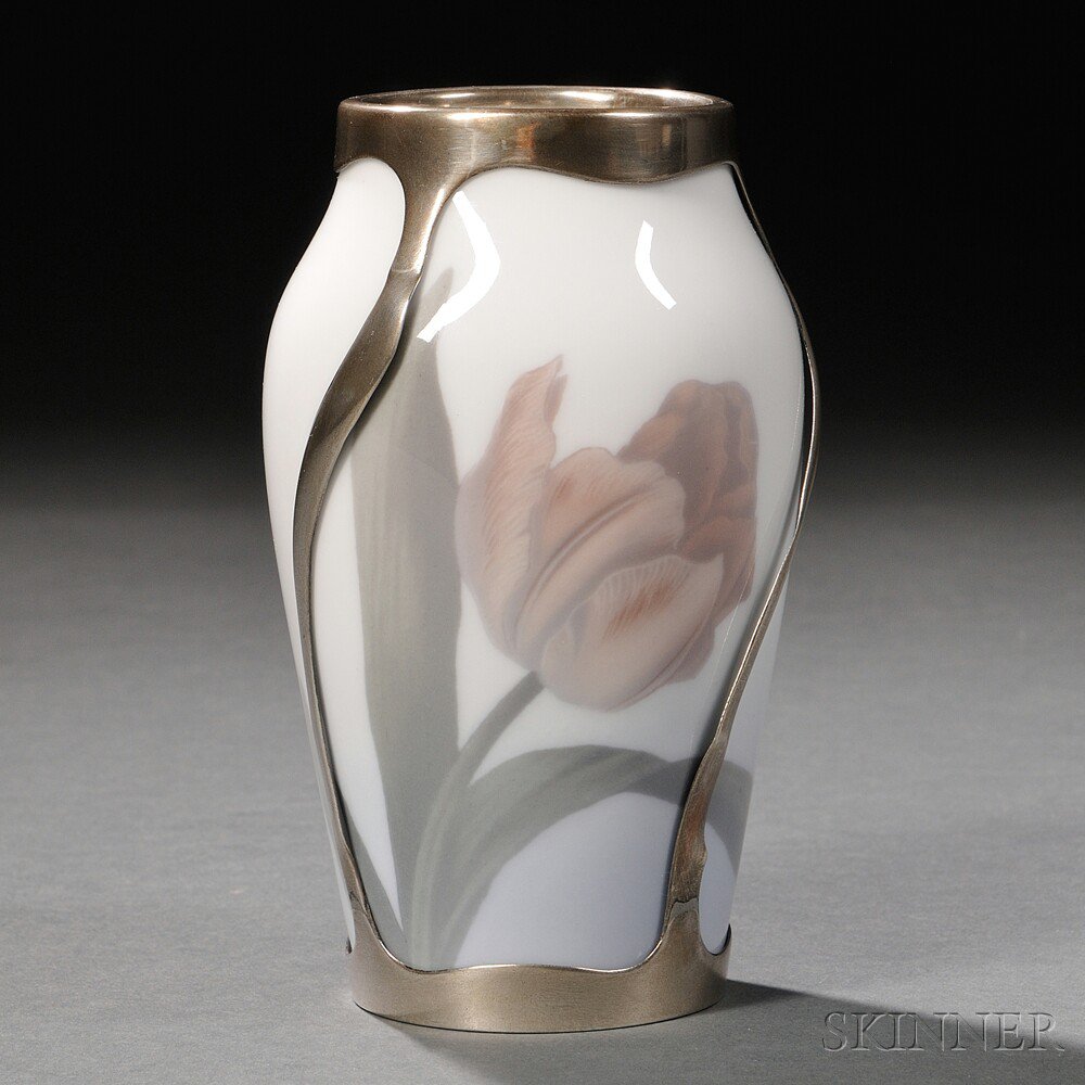 Appraisal: Royal Copenhagen Sterling Silver-mounted Vase Denmark c decorated with a