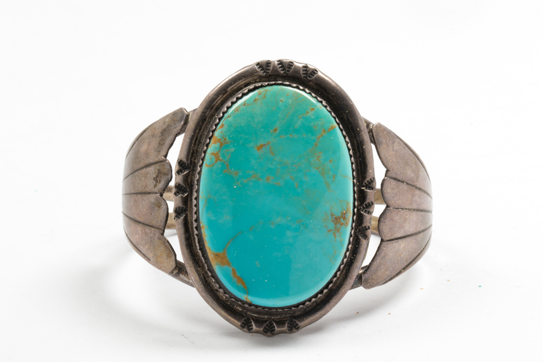 Appraisal: HEBERT TSOSIE TURQUOISE STERLING CUFF BRACELET SIGNED HT H X