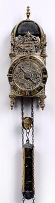 Appraisal: Fine English striking lantern clock dated openwork engraved crest depicting