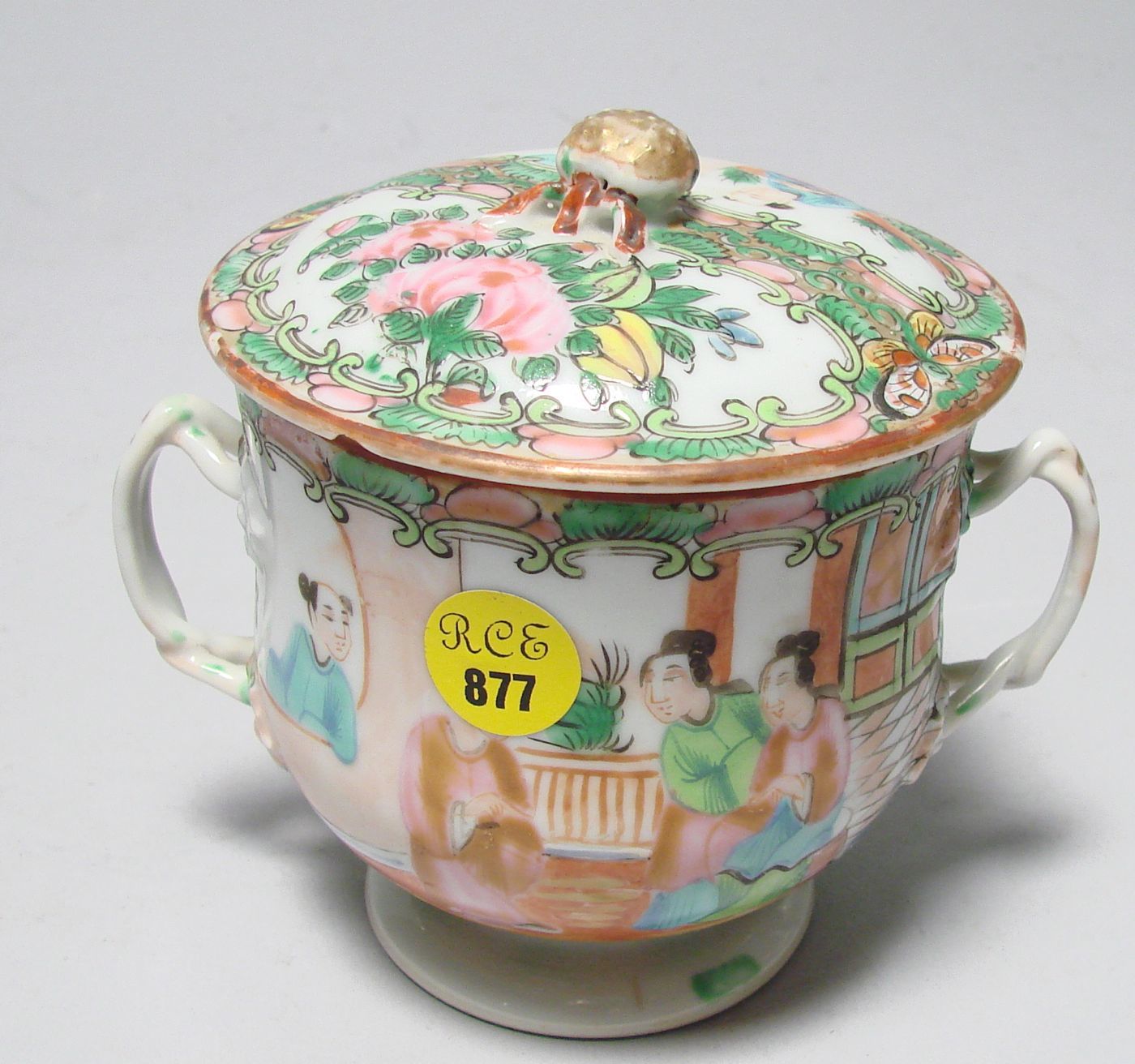 Appraisal: CHINESE EXPORT ROSE MEDALLION PORCELAIN TWO-HANDLED COVERED SUGAR BOWL Mid-