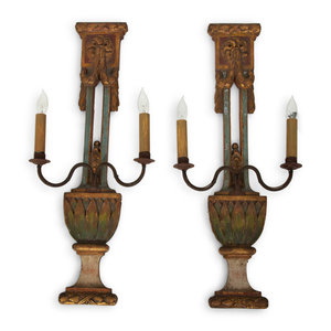 Appraisal: A Pair of Italian Painted and Parcel Gilt Sconces EARLY