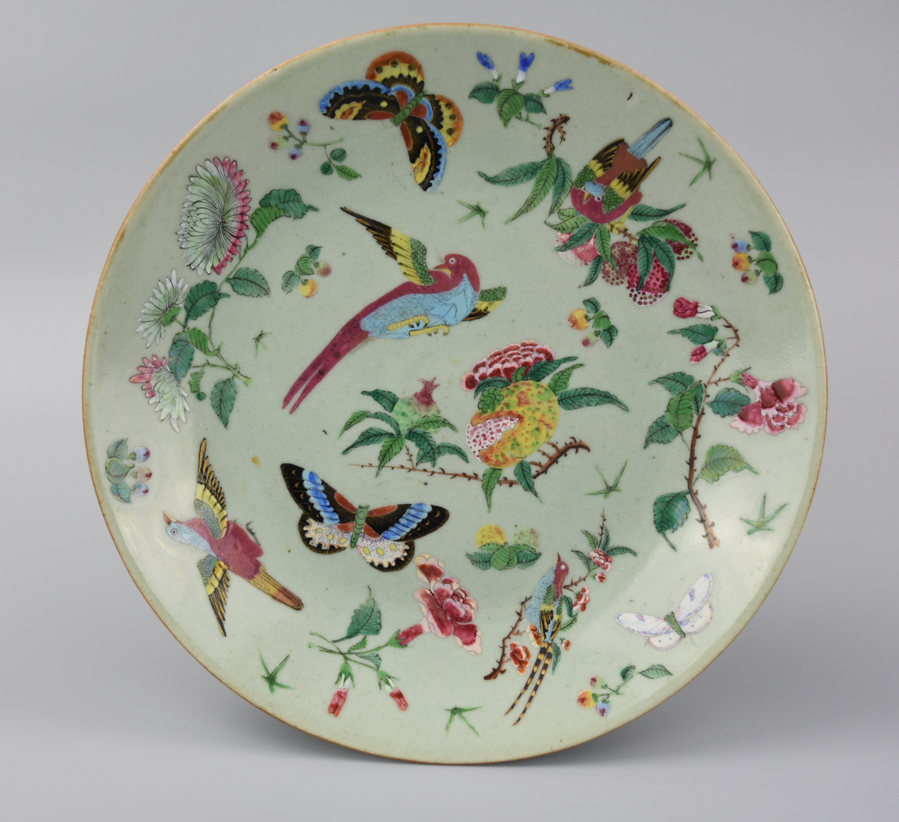 Appraisal: CHINESE CELADON FAMILLE ROSE PLATE W BIRDS TH C A