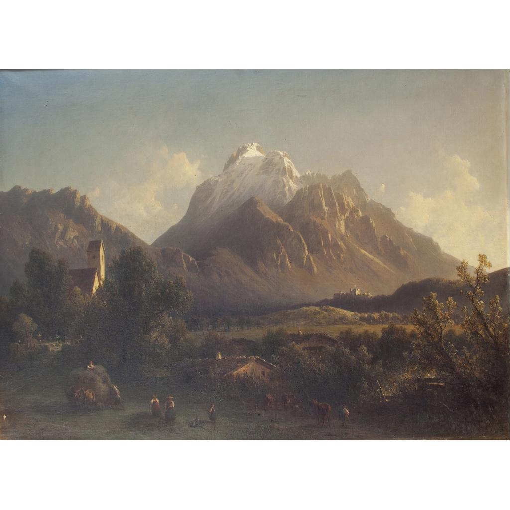 Appraisal: JULIUS LANGE GERMAN - AN ALPINE LANDSCAPE WITH HAYMAKERS signed