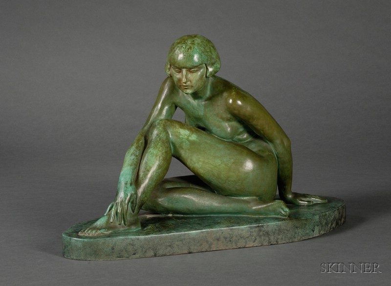 Appraisal: Green Glazed Earthenware Art Deco Nude France th century bronzed