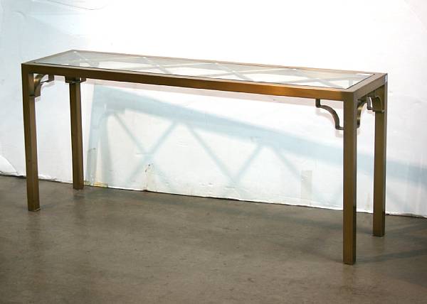 Appraisal: A Contemporary patinated metal and glass console table approximate height