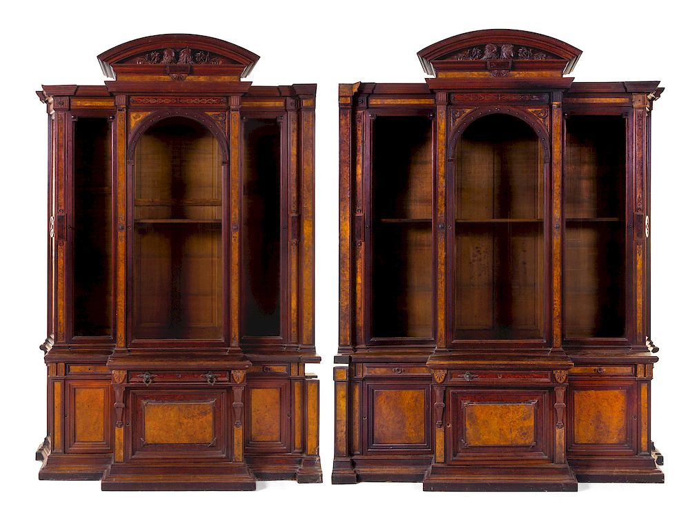 Appraisal: A Pair of Victorian Mahogany and Burlwood Breakfront Bookcases A