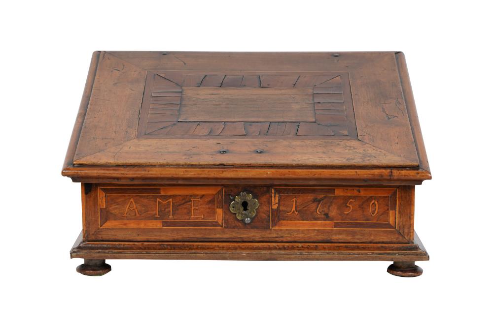 Appraisal: CONTINENTAL MARQUETRY-INLAID WOOD BOXwith slanted hinged top and iron hardware