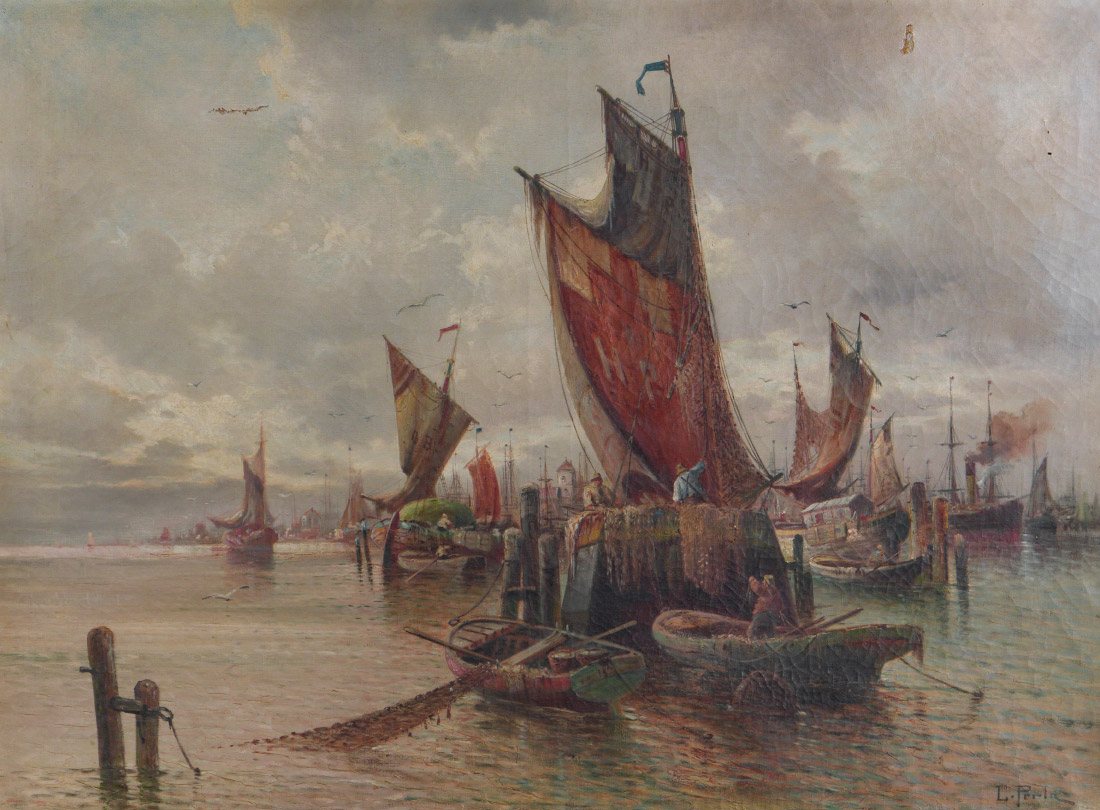 Appraisal: KAUFMANN Karl German - Fishing Boats in Harbor Dutch Scene