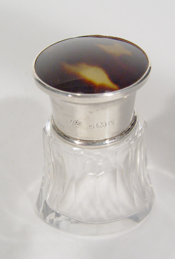 Appraisal: Cut glass scent bottle and stopper with silver and tortoiseshell