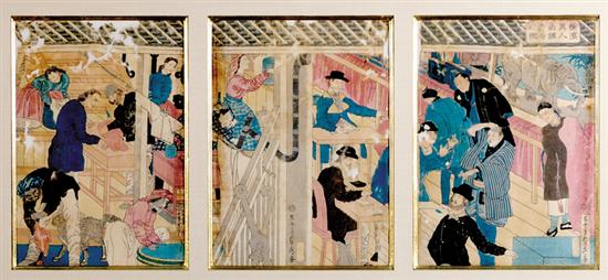 Appraisal: Japanese school th century TRIPTYCH PANEL OF INTERIOR SCENE woodblock