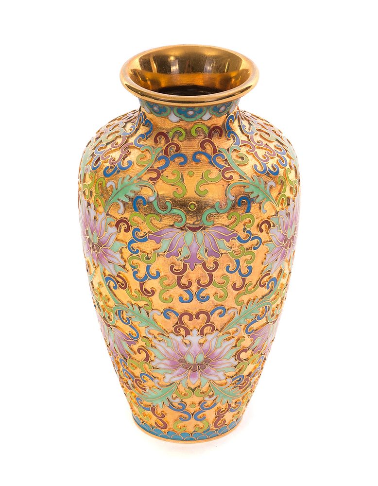 Appraisal: Chinese Gilt Cloisonn Champlev Enamel Vase th century Chinese cloisonn