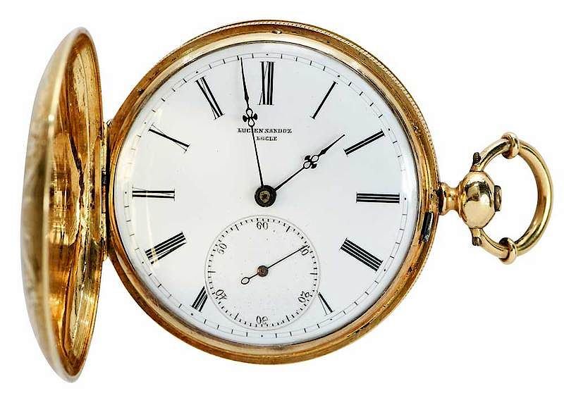 Appraisal: Lucien Sandoz kt Gold Pocket Watch mm case black Roman