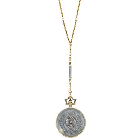 Appraisal: Guilloche Enamel and Diamond Pendant-Watch with Chain Estimate -