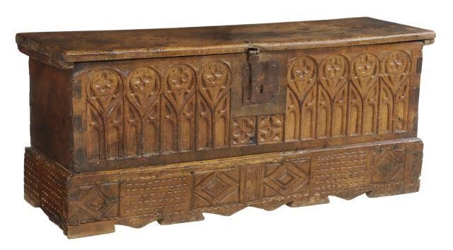 Appraisal: French Gothic coffer storage trunk th th c single-board top