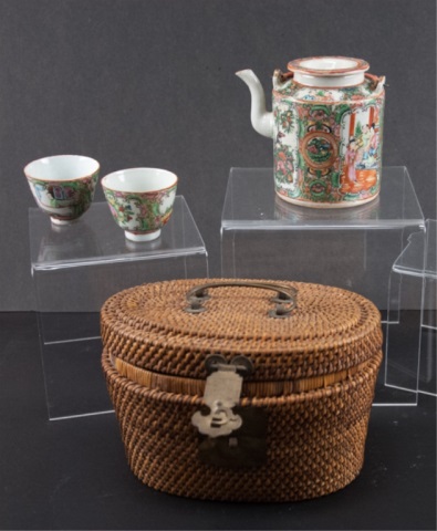 Appraisal: Antique Chinese Tea Set in Basket Woven basket with metal