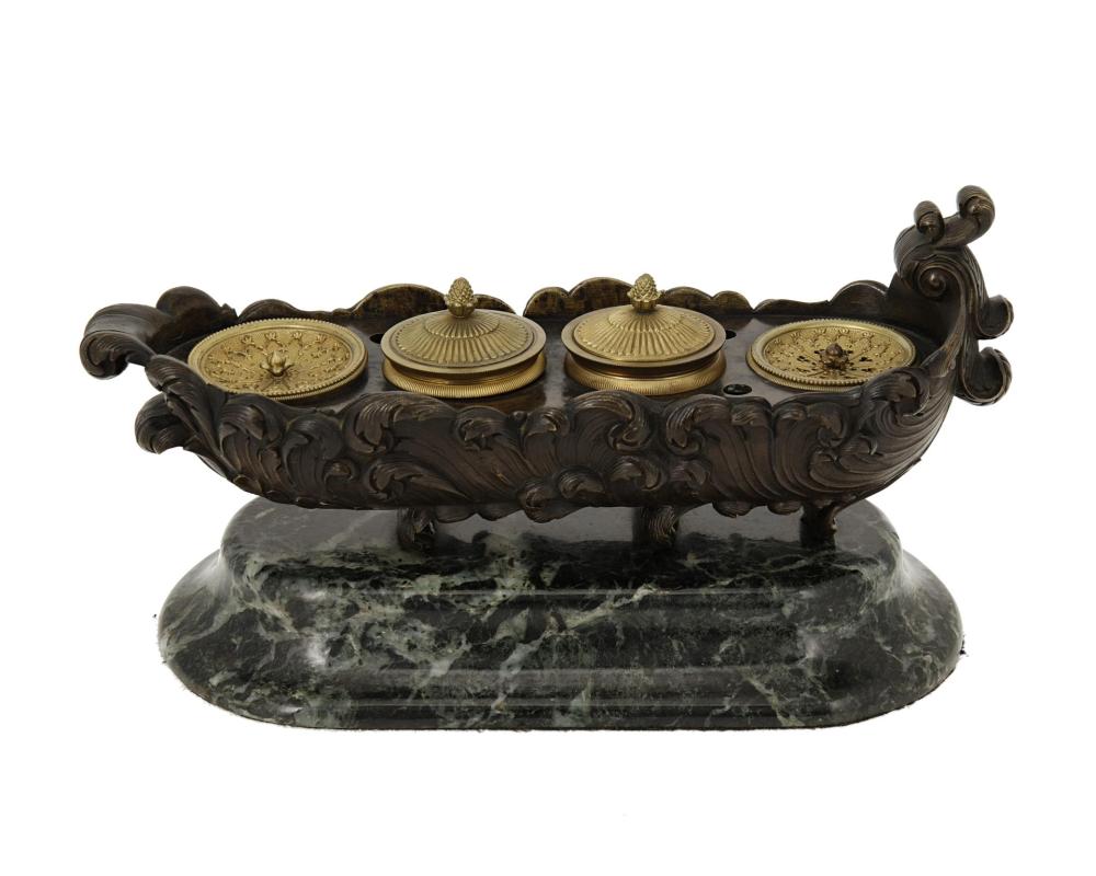 Appraisal: A French bronze and marble inkwell Fourth-Quarter th Century The