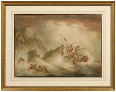 Appraisal: Nicholas Pocock watercolor British - rocky coast in stormy sea