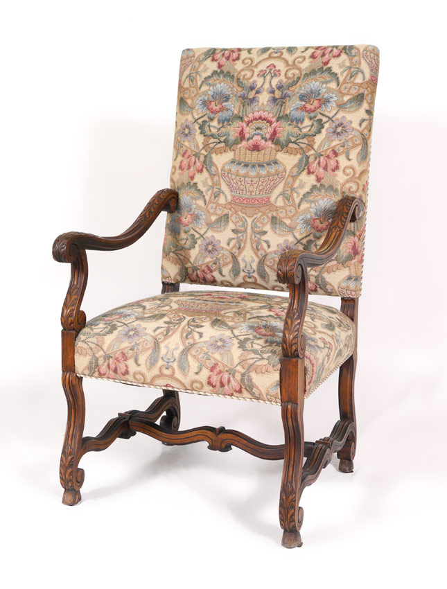 Appraisal: CARVED THRONE CHAIR Acanthus leaf carved scroll arms carved stretchers