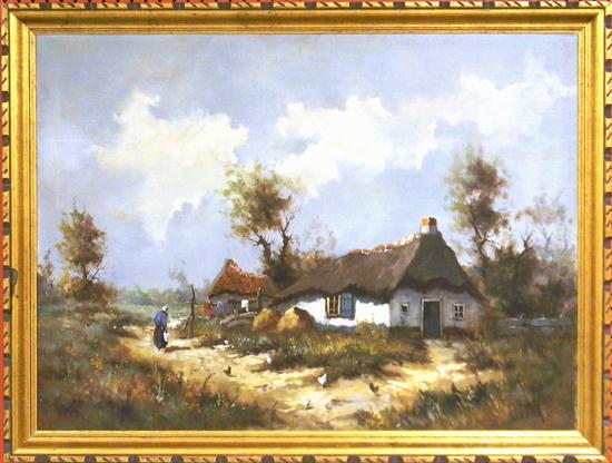 Appraisal: S DeBoer oil on canvas cottage scene with figure and