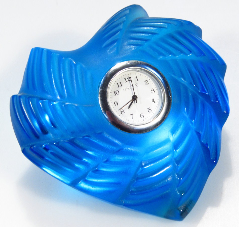 Appraisal: A modern Lalique France clock in a blue heart shaped