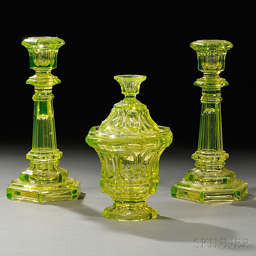 Appraisal: Three Pieces of Vaseline Pressed Glass Tableware probably mid to