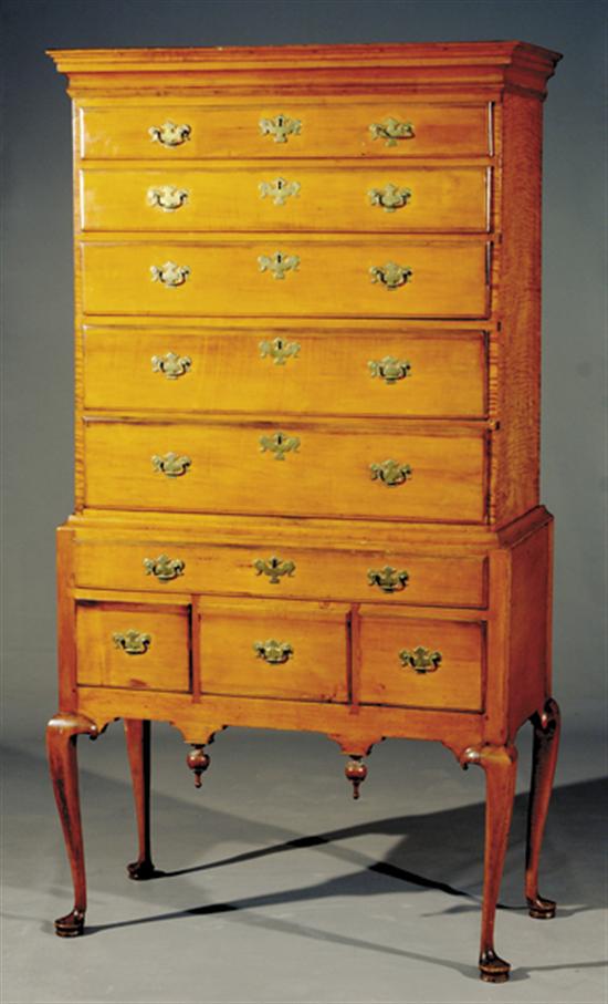 Appraisal: American Queen Anne tiger maple highboy mid th century molded