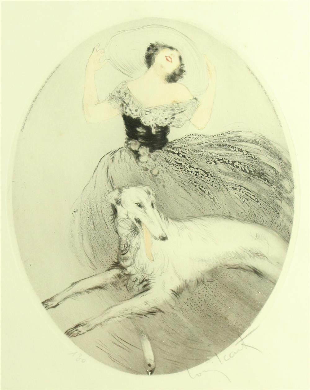 Appraisal: LOUIS ICART FRENCH - WOMAN WITH BORZOI Aquatint and etching