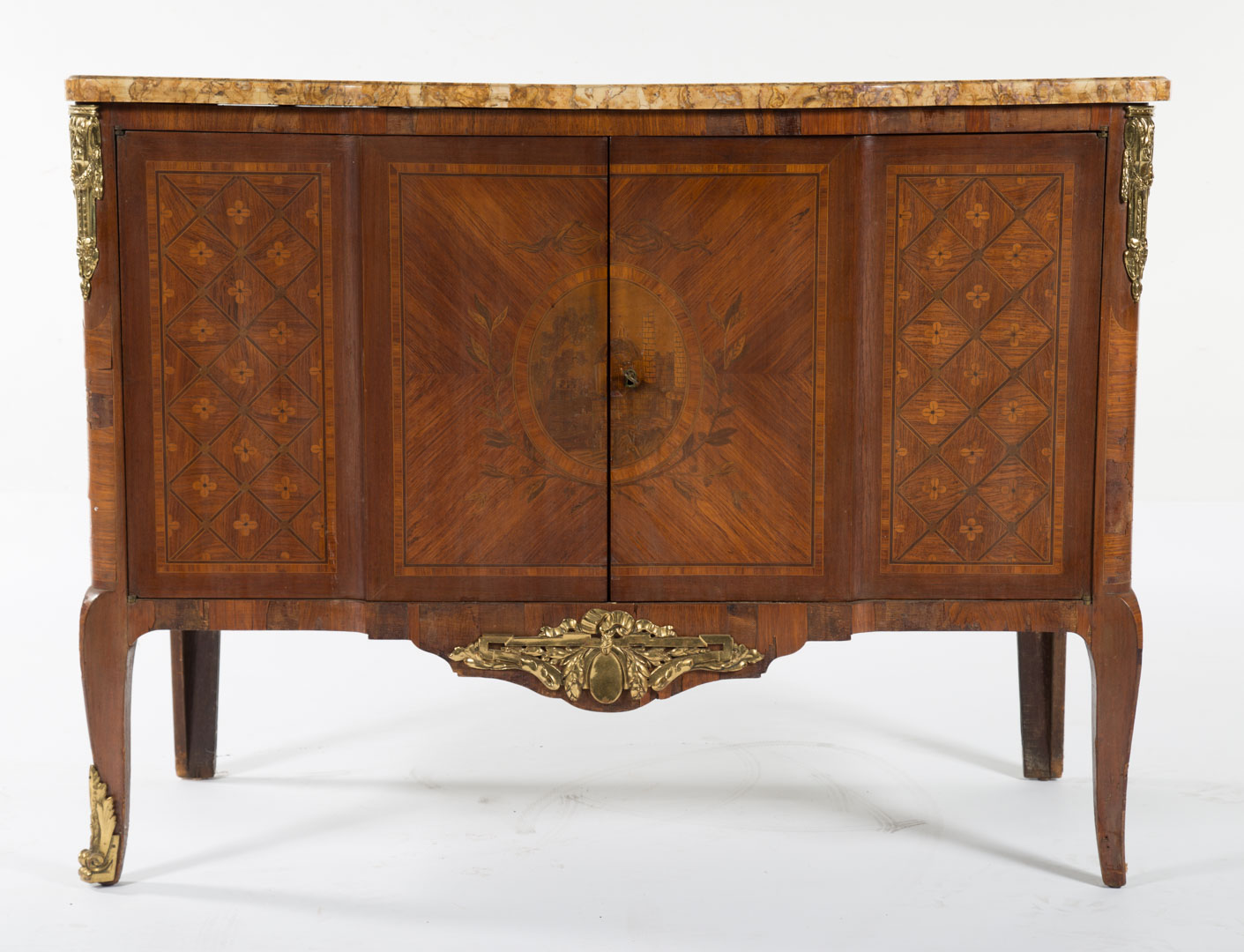 Appraisal: Louis XVI style marquetry inlaid commode th century yellow scagliola