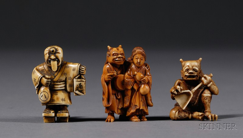 Appraisal: Three Ivory Netsuke th century a ghost a woman with