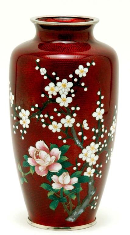 Appraisal: Cloisonne vase Multicolor dogwoods and flowers on dark red base