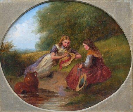 Appraisal: VICTORIAN OIL CANVAS OF GIRLS FETCHING WATER BY A STREAM