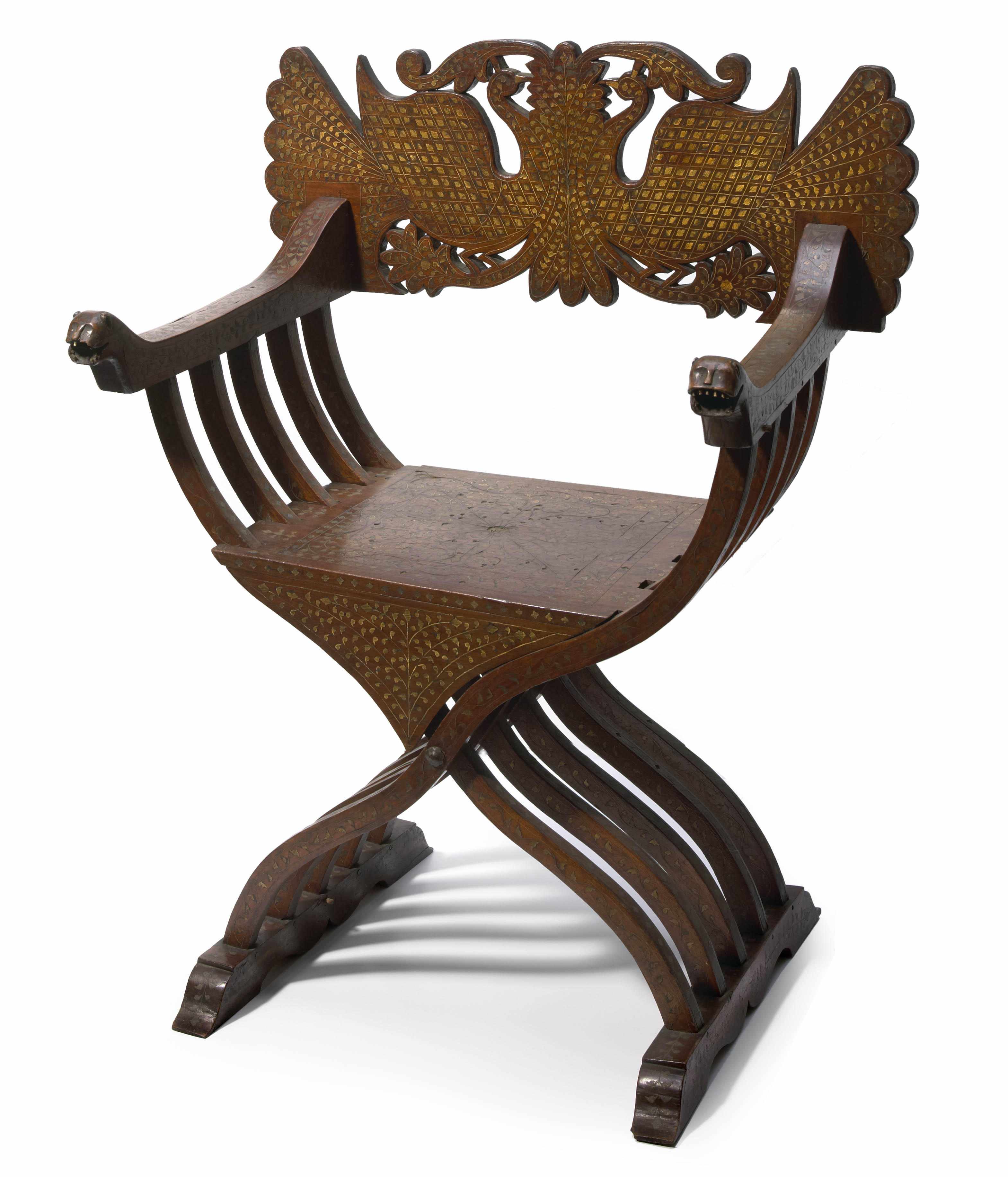 Appraisal: A Levantine style inlaid savonarola chair height in width in