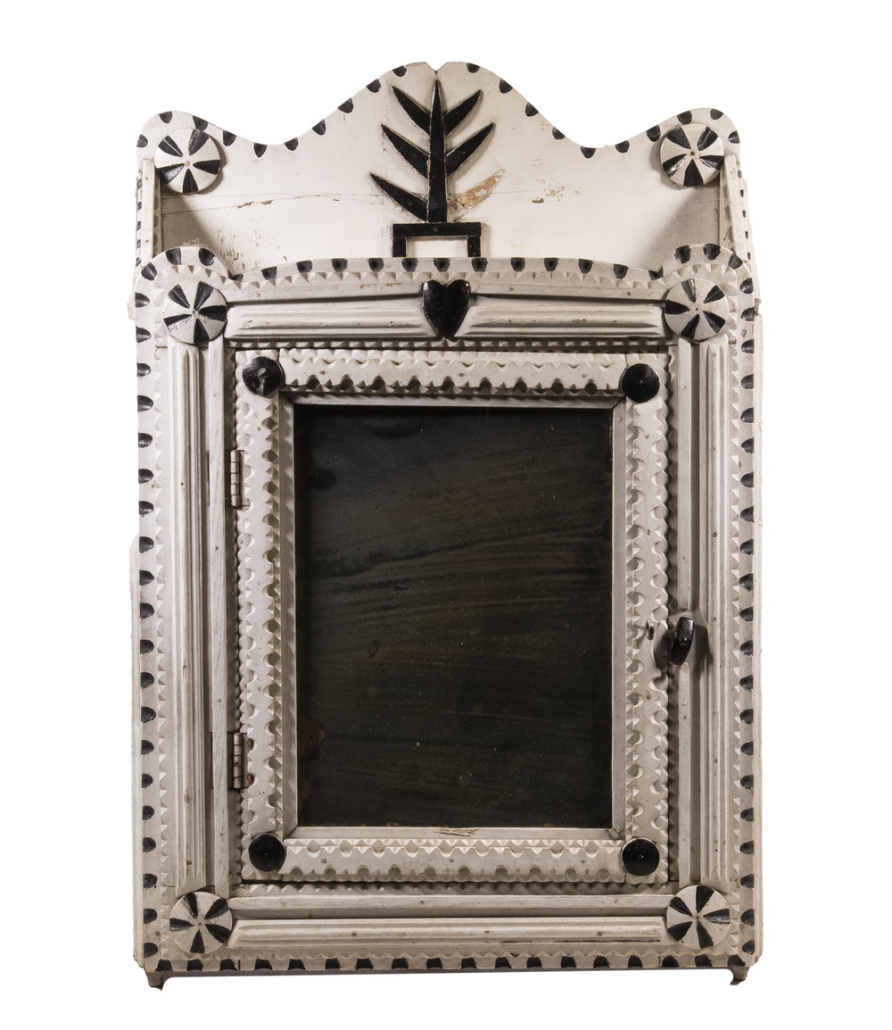 Appraisal: TRAMP ART WALL CABINET Carved and Painted Wooden Wall Hanging