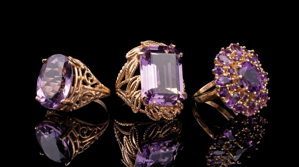 Appraisal: Three Yellow Gold and Amethyst Rings Please note Payment for