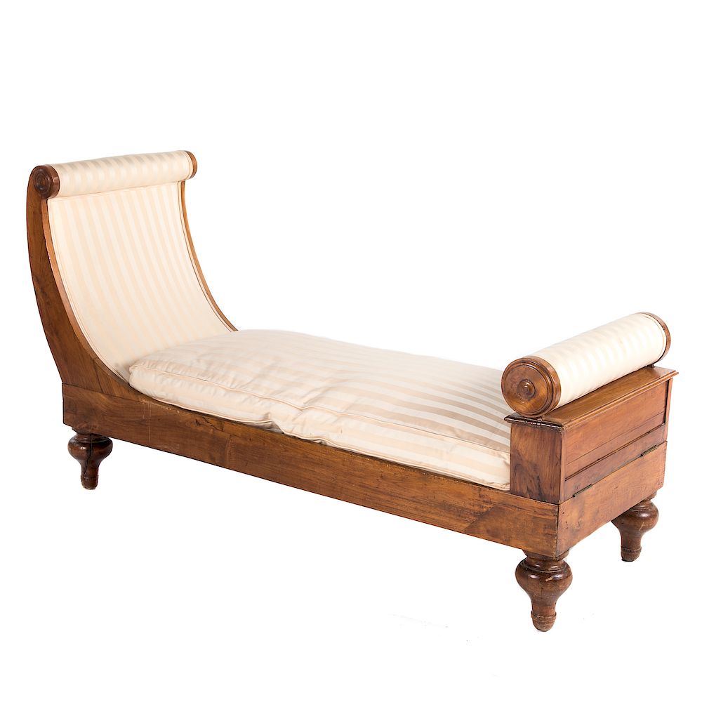 Appraisal: Biedermeier fruitwood upholstered Recamier early th century scrolled upholstered back